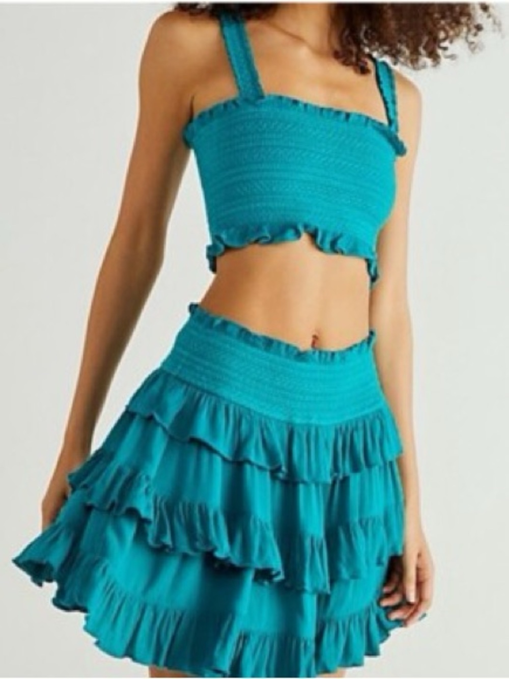 Free People Teal Ruffled Tiered Mini Skirt Set